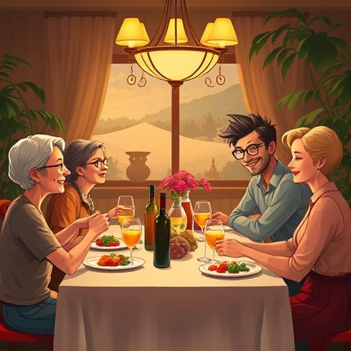 Affiche de la série 'Famille à Tout Prix', montrant une famille excentrique réunie autour d'une table pour un dîner animé.