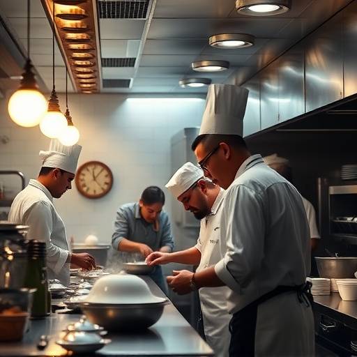 Affiche de la série 'Le Goût du Risque', montrant une équipe de chefs cuisiniers dans une cuisine animée et stressante.