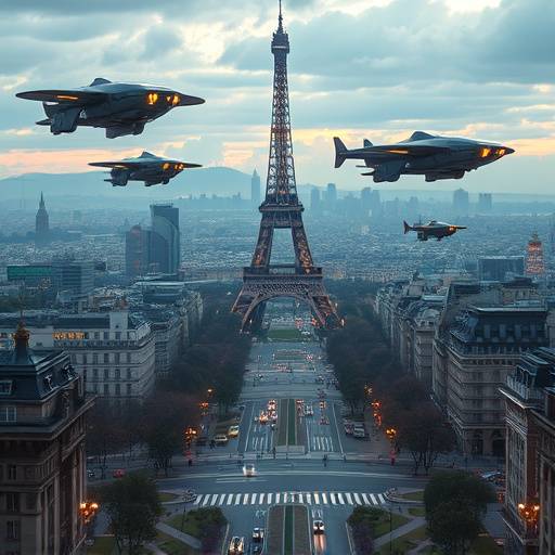 Affiche de la série 'Paris Demain', montrant une vue futuriste de Paris avec des technologies avancées et des véhicules volants.