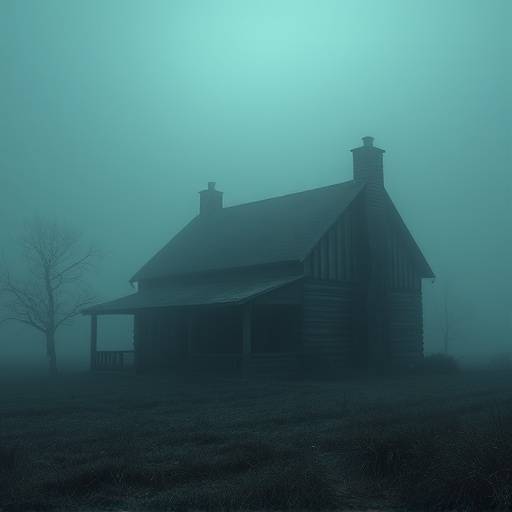 Affiche de la série 'Échos du Passé', montrant une vieille maison de campagne isolée enveloppée de brouillard.