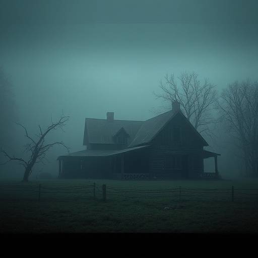 Affiche de la série 'Échos du Passé', montrant une vieille maison de campagne isolée enveloppée de brouillard.